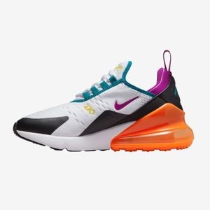 Nike Air Max 270 Boys Size 4. White, black, neon orange, teal & purple.